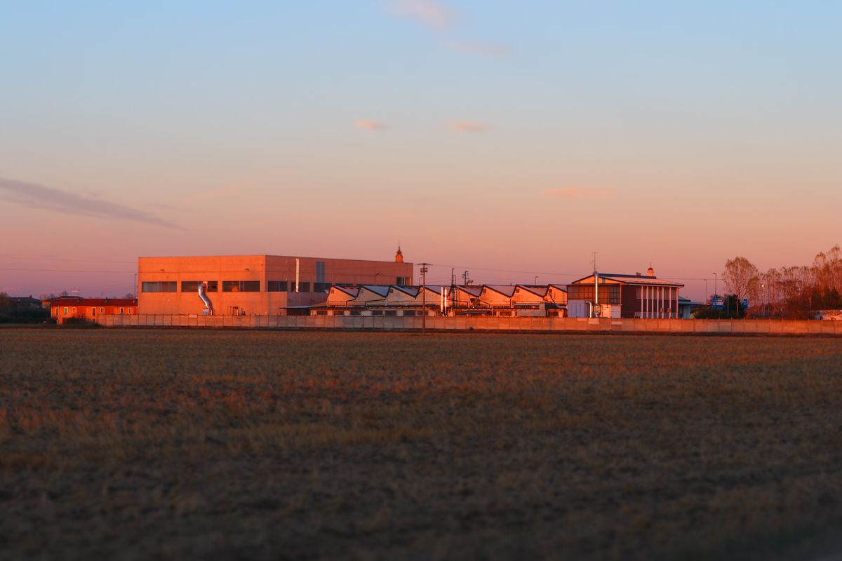 The De Grandi plant in Tromello (Pavia), Italy, at sunset
